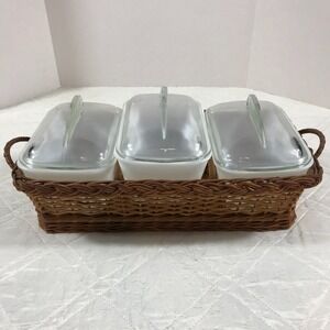 3 Vtg Glasbake‎ Baking Dishes Milk Glass W/Lid J-805-10-1 1/2 QT w/ basket